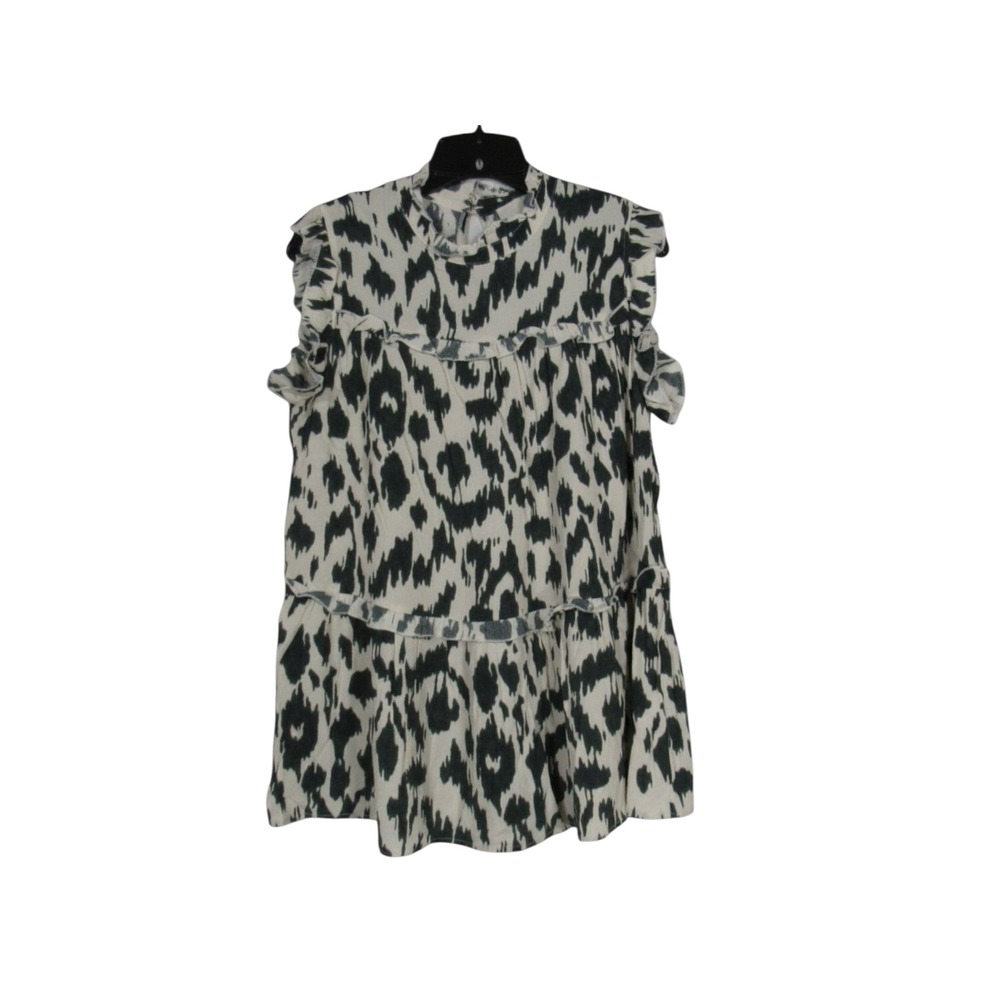 PINCH Anthropologie CREPE Leopard TIERED RUFFLE Sleeveless TUNIC TOP/BLOUSE Sz L